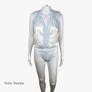 Intimately Free People Women's Lace Trim Cap Sleeve Bodysuit in Blue/Ivory Sz XS